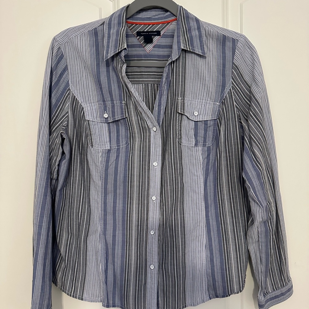 Tommy Hilfiger Blue and Grey Striped Shirt Large